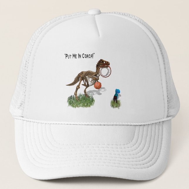 "Put me in Coach" Dinosaur Basketball Trucker Hat (Front)