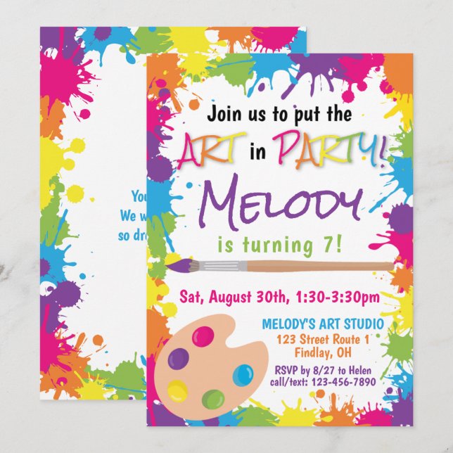 Put the Art In Party Colourful Paint Birthday Invitation (Front/Back)