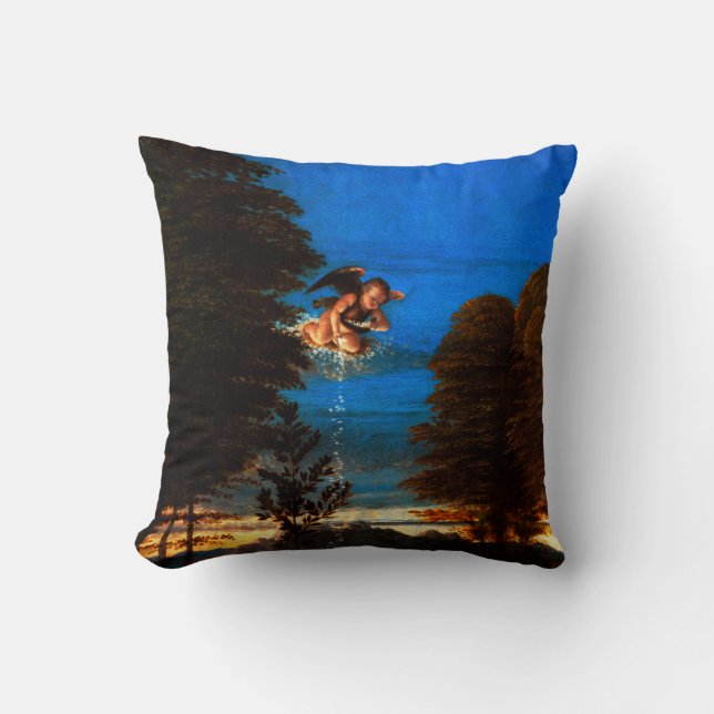Putto In Blue Sky Pours a Cascade of White Flowers Cushion (Front)