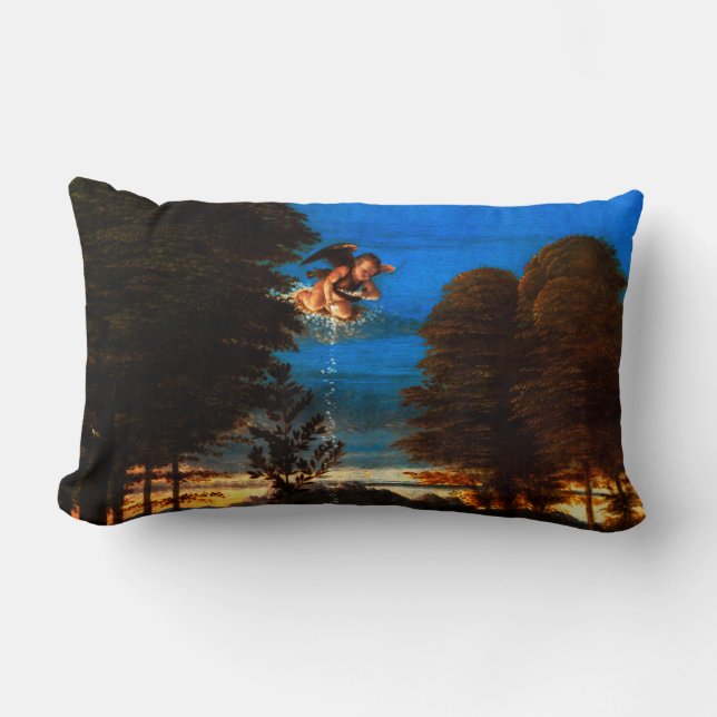 Putto In Blue Sky Pours a Cascade of White Flowers Lumbar Cushion (Front)