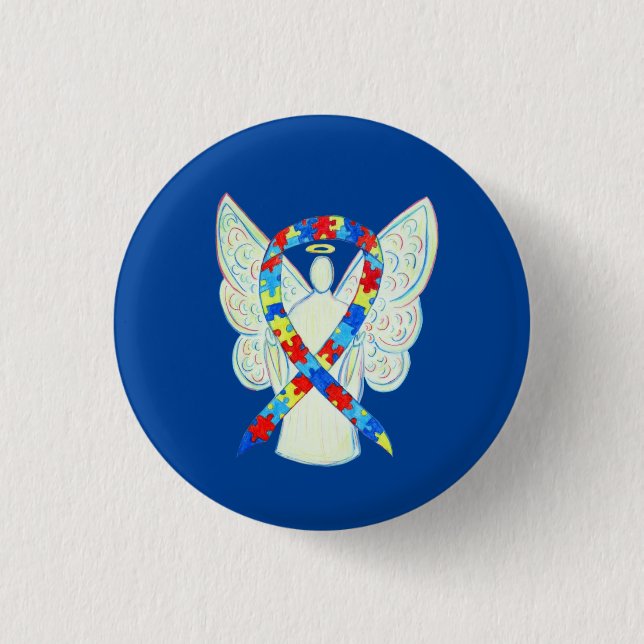 Puzzle Angel Autism Awareness Ribbon Art Pins (Front)