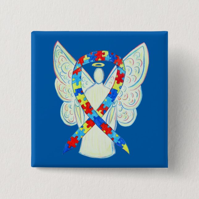 Puzzle Angel Autism Awareness Ribbon Art Pins (Front)