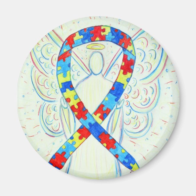 Puzzle Awareness Ribbon Angel Art Magnets (Front)