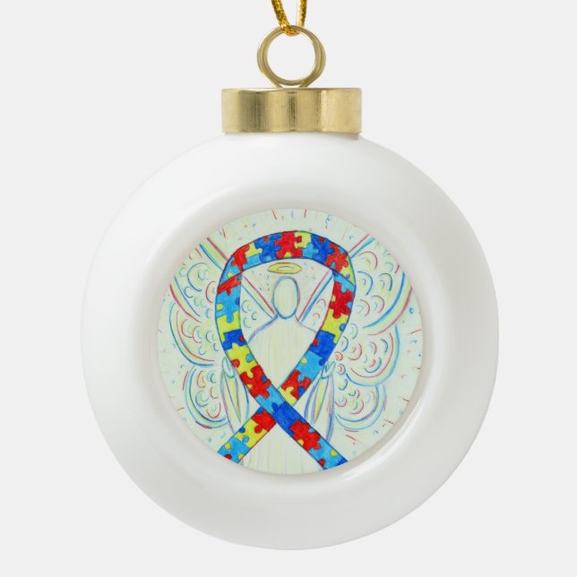 Puzzle Awareness Ribbon Guardian Angel Ornaments (Front)