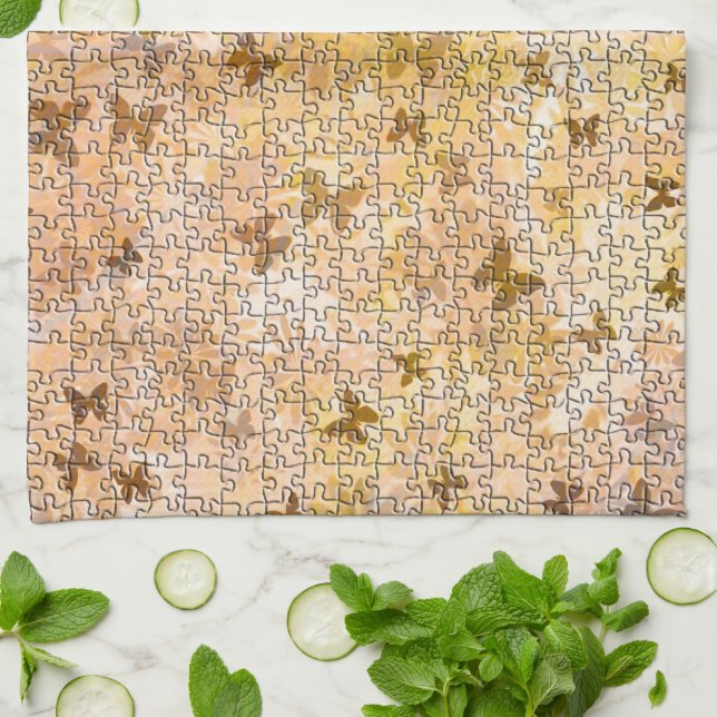 Puzzle Butterflies and Daisies-Browns by STaylor Tea Towel (Folded)