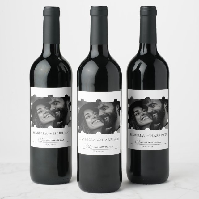 Puzzle Collage Photo Wedding Black and White Wine Label (Bottles)