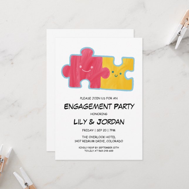 Puzzle couple cartoon engagement invitations (Front/Back In Situ)