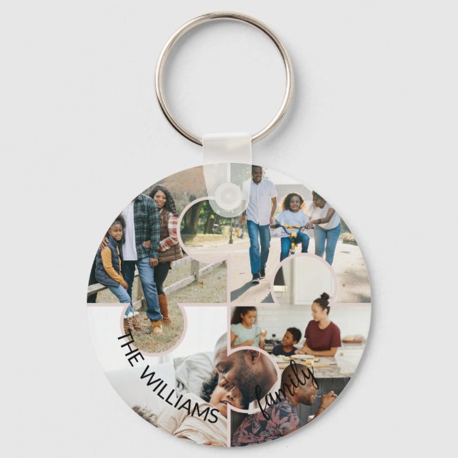 Puzzle custom 4 photo collage and family name key ring (Front)