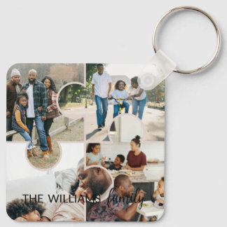 Puzzle custom 4 photo collage and family name key ring