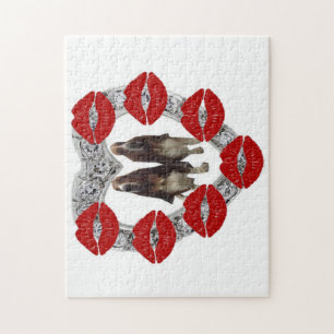 Puzzle Diamond Heart With Bassets & Kisses
