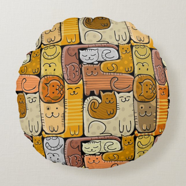 Puzzle Funny Cats House Seamless Round Cushion (Front)