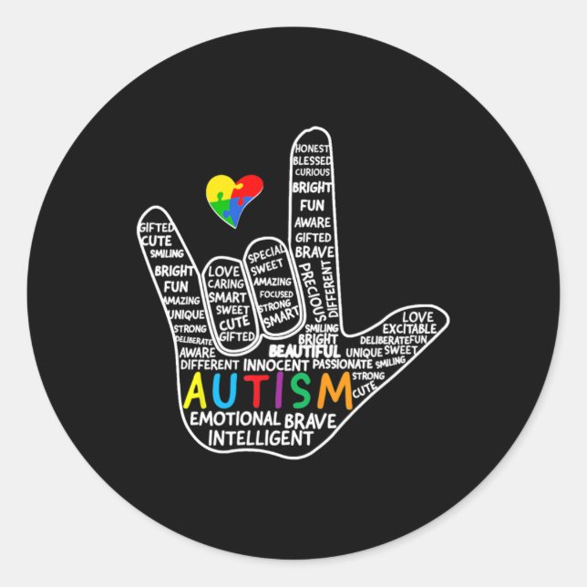 Puzzle Heart ASL Love Sign Language hand Autism Aw Classic Round Sticker (Front)