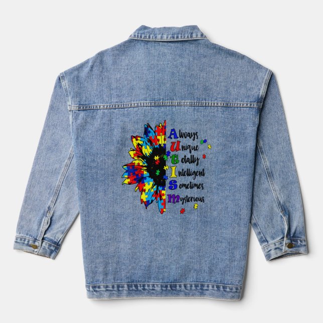 Puzzle Piece Sunflower Autism Awareness Support In Denim Jacket (Back)