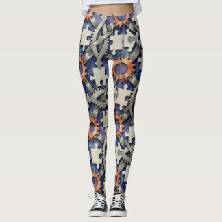 Puzzle Pieces Gears Seamless Pattern Leggings