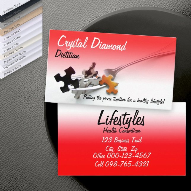 Puzzle Pieces On Fork Professional Occupation Business Card (front and back business card red gradient design)