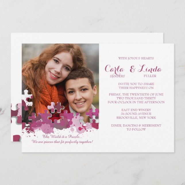 Puzzle Pieces Photo Wedding Pink Invitation (Front/Back)