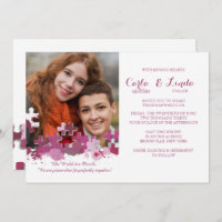 Puzzle Pieces Photo Wedding Pink Invitation