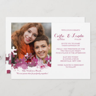 Puzzle Pieces Photo Wedding Pink Invitation
