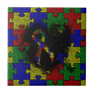 Puzzle Ribbon Grunge Heart Ceramic Tile