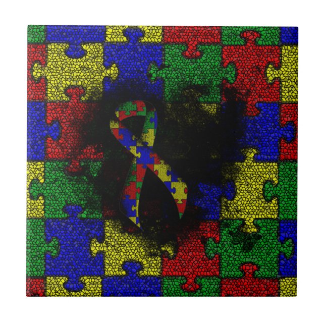 Puzzle Ribbon Grunge Heart Ceramic Tile (Front)