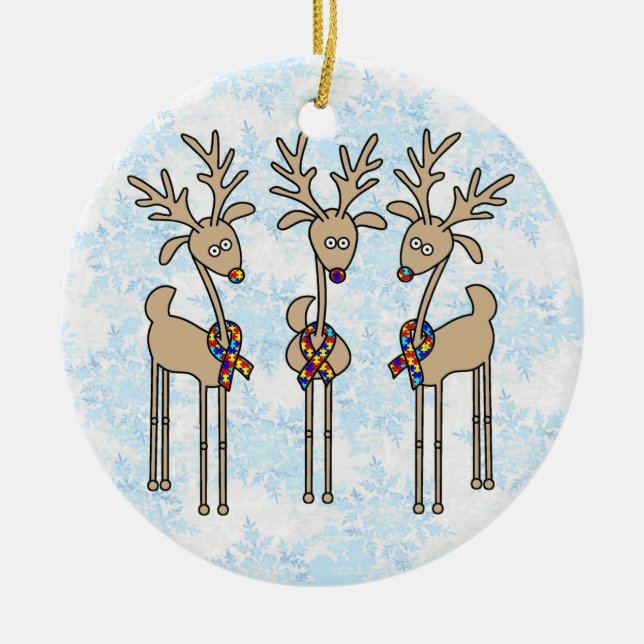 Puzzle Ribbon Reindeer - Autism Awareness Ceramic Tree Decoration (Front)