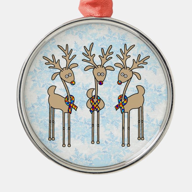 Puzzle Ribbon Reindeer - Autism Awareness Metal Tree Decoration (Front)