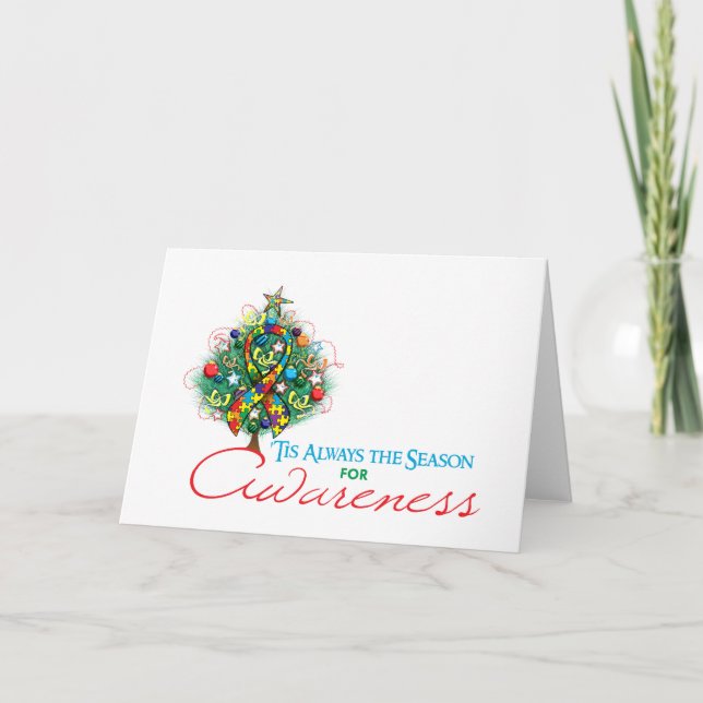 Puzzle Ribbon Xmas Awareness Season Holiday Card (Front)