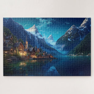 Puzzle with charming village in Alps, Europe.