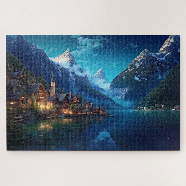 Puzzle with charming village in Alps, Europe. (Horizontal)