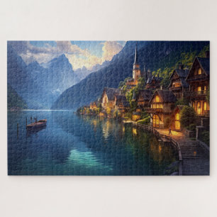 Puzzle with charming village in Alps, Europe.