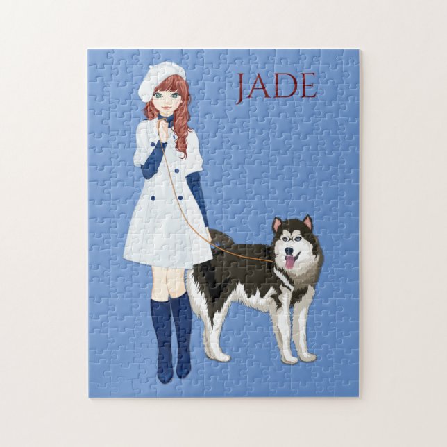 Puzzle with girl walking husky dog. Custom name. (Vertical)