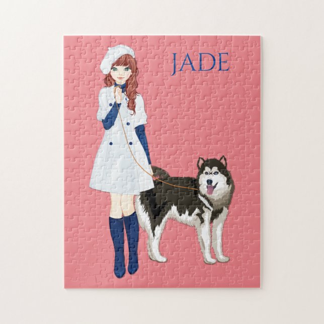 Puzzle with girl walking husky dog. Custom name. (Vertical)