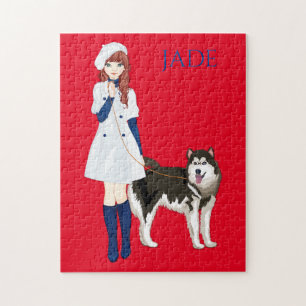 Puzzle with girl walking husky dog. Custom name.
