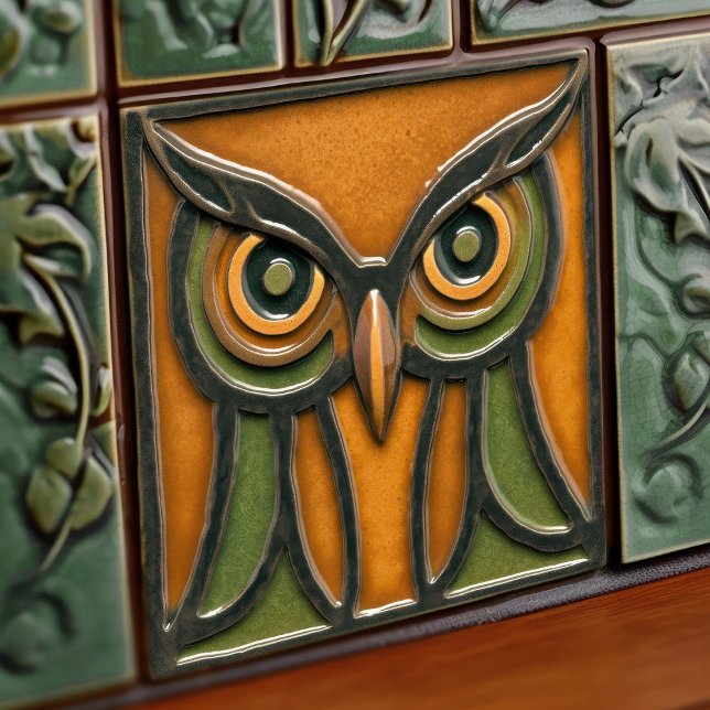 Puzzled Owl in Orange Arts & Crafts Movement Ceramic Tile (Creator Uploaded)