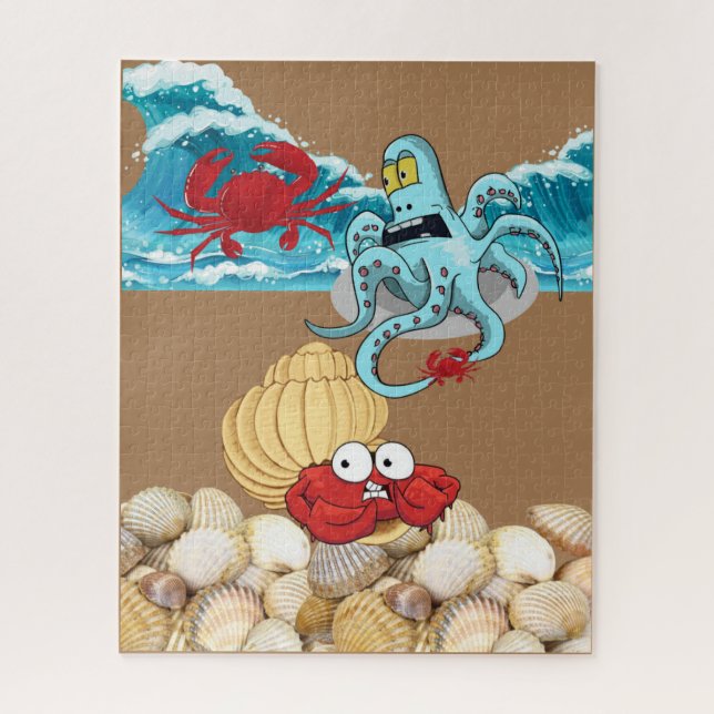 Puzzles Blue Octopus Crab Beach Shells Ocean Waves (Vertical)