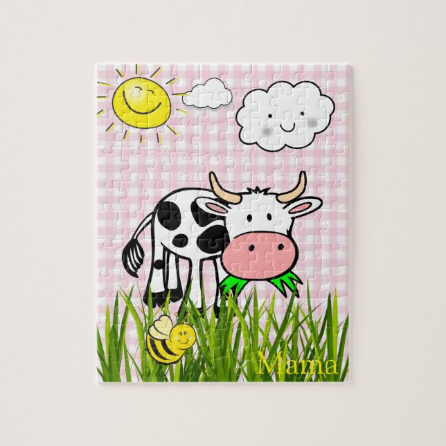 Puzzles Cow Bumblebee Sun Clouds Pink Plaid (Vertical)