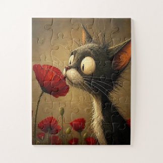Puzzles Cute Black Cat Red Flower Floral