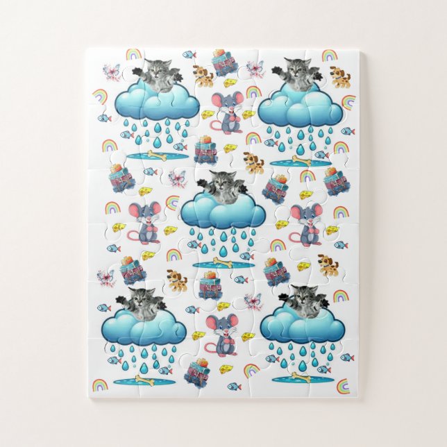 Puzzles Cute Cat Dog and Mice Cheese Fish Bones  (Vertical)