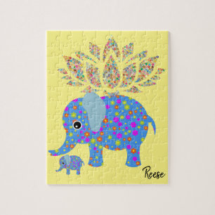 Puzzles Floral Colourful Blue Elephant Yellow