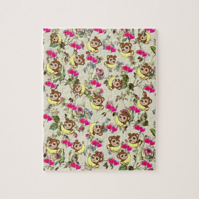 Puzzles Floral Monkeys Bananas Pink Hearts (Vertical)