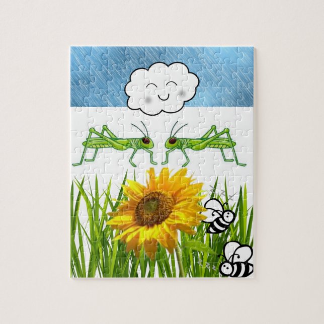 Puzzles Grasshopper Sunflower Bee Grass Clouds (Vertical)