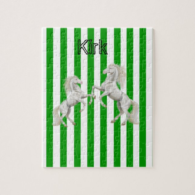Puzzles Green and White Stripe White Horse (Vertical)