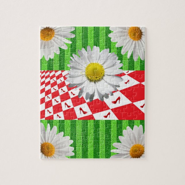 Puzzles Green Stripe, White Daisy, Red HeelsFloral (Vertical)
