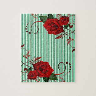 Puzzles Green White Stripe Red Rose