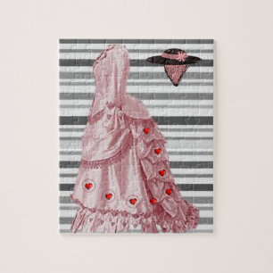Puzzles Grey Stripe Pink Hearts Dress Victorian