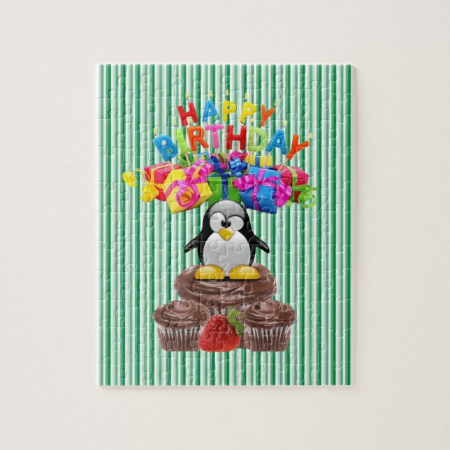 Puzzles Happy Birthday Penguin Green Stripe (Vertical)