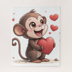 Puzzles Monkey Red Hearts Happy Valentine's Day