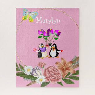 Puzzles Pink Floral Monogram Penguin