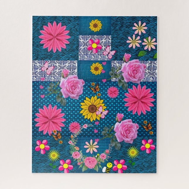 Puzzles Pink Rose Floral Blue Butterfly (Vertical)
