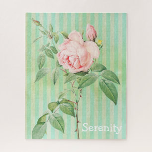 Puzzles Pink Rose Floral Green & White Stripe